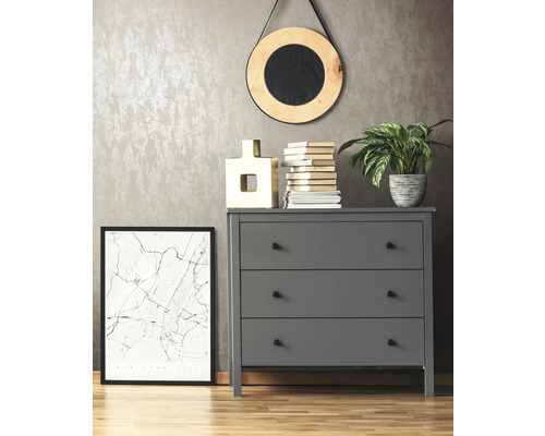 Scene met grijze commode, ronde spiegel, plant, boeken en een ingelijste afbeelding