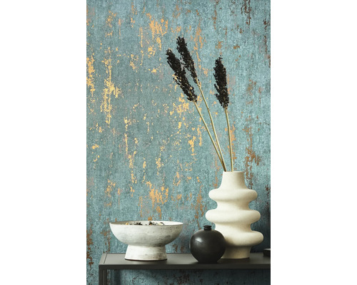 Decoratief behang met abstract patroon, vazen en schalen als elementen voor interieurontwerp.