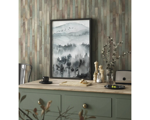 Decoratieve afbeelding met berglandschap in zwart-wit op dressoir