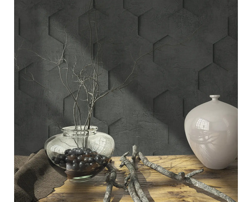 Decoratieve scène met vaas, takken en zeshoekige wandpanelen voor interieurontwerp