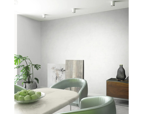 Lichte eetkamer met eettafel, stoelen, dressoir, planten en plafondspots