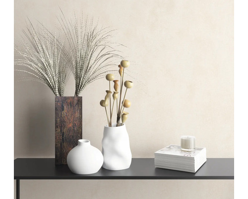 Decoratieve vazen met sierplanten en kaars op een plank