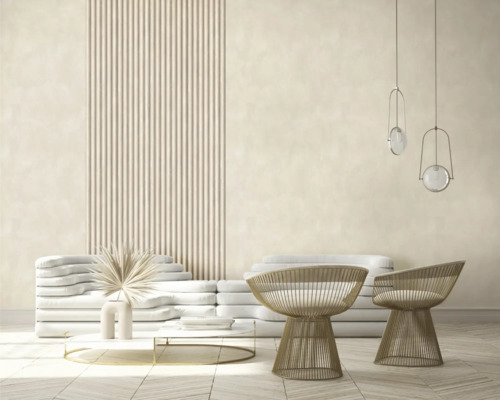 Woonkamer met bank, fauteuils, salontafel en hanglampen voor een modern ruimteontwerp.
