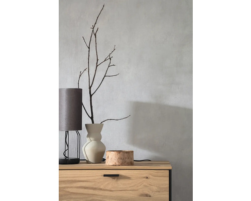 Decoratieve scène met tafellamp, vaas met takken en houten schaal op een dressoir.