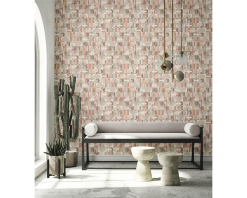 Lichte kamer met geometrisch behang, bank en decoraties