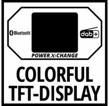 Bluetooth symbool, DAB+ symbool, Power X-Change aanduiding en Colorful TFT display