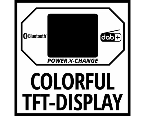 Bluetooth symbool, DAB+ symbool, Power X-Change aanduiding en Colorful TFT display