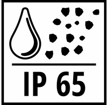Symbool IP65: bescherming tegen waterstralen en stof