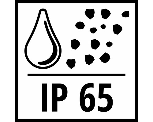 Symbool IP65: bescherming tegen waterstralen en stof