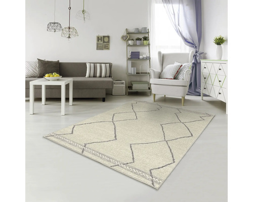 Woonkamer met bank, fauteuil en tapijt met patroon