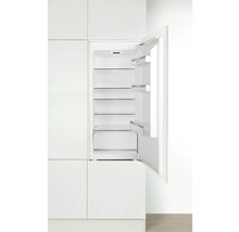 Inbouwkoelkast met open deur, voorzien van glazen planken en deurvakken.