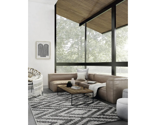 Woonkamer met hoekbank, salontafel en vloerkleed