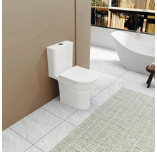 Wit staand toilet in badkamer met bad en vloerkleed