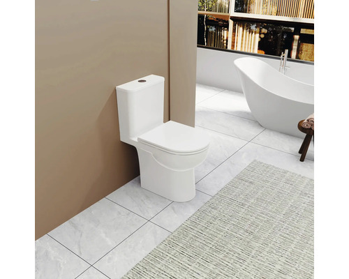 Wit staand toilet in badkamer met bad en vloerkleed