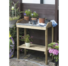 Tuinscene met een houten plantentafel met metalen werkblad, plantenbakken en tuingereedschap.