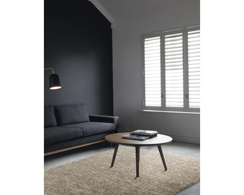 Woonkamer met bank, vloerkleed en ronde houten tafel