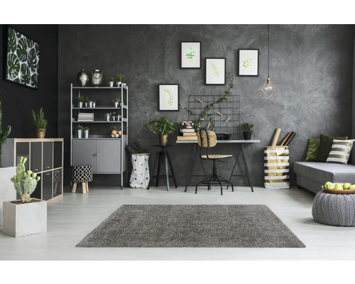 Grijs tapijt in een woonkamer met bureau, rek en bank.