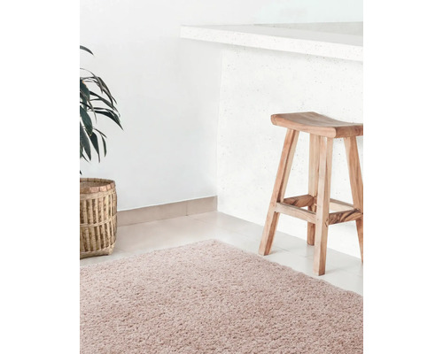 Interieurweergave met vloerkleed, houten barkruk en plant in mand