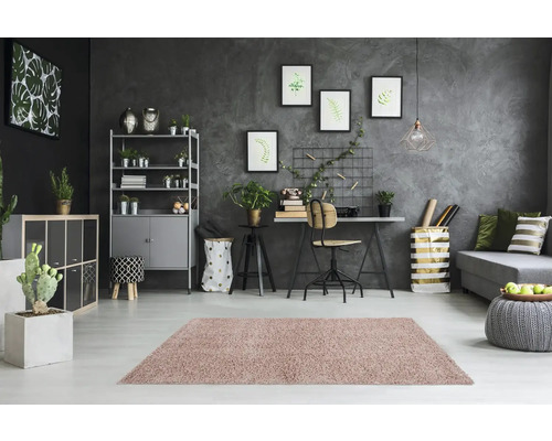 Woonkamer met vloerkleed, bureau en rekken in een grijs interieur