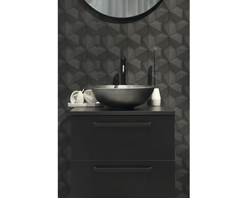 Badkamer met wastafelonderkast, opzetwastafel en 3D-wandpanelen