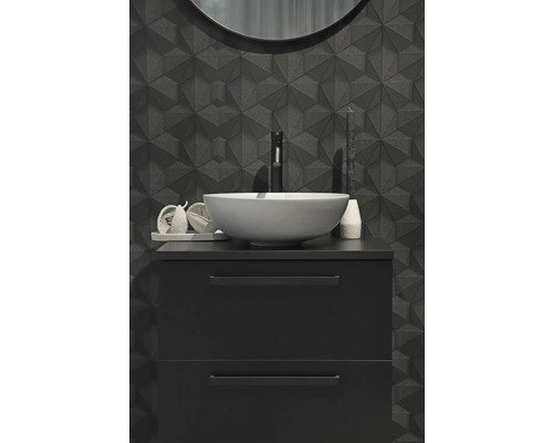 Moderne badkamer met zwart wastafelonderkast en opzetwastafel