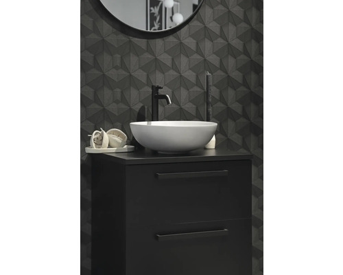 Moderne badkamer met zwart wastafelonderkast, opzetwastafel en driedimensionale wandtegel