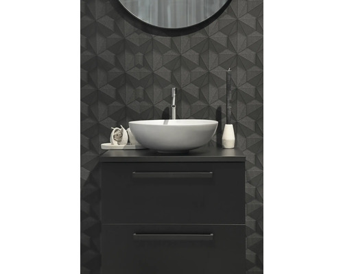 Moderne badkamerset met opzetwastafel, onderkast met lades en gestructureerde wand