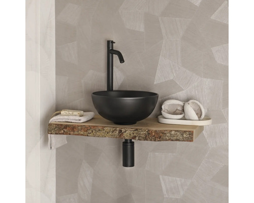 Moderne badkamer met zwarte waskom op een houten plank