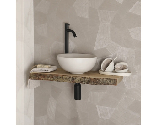 Wastafel met houten blad, opzetwastafel en kraan