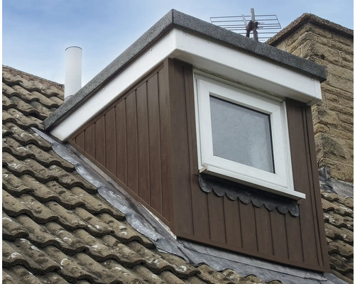 Dakkapel met raam en houten bekleding op een dak met dakpannen