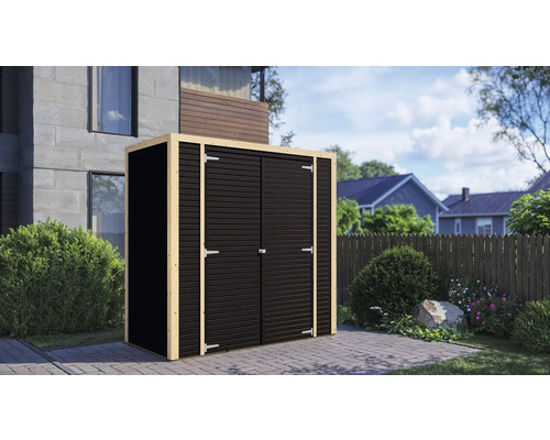 Houten tuinkast met dubbele deur in de buitenlucht