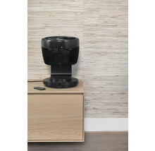 Zwarte ventilator met afstandsbediening op een houten kast