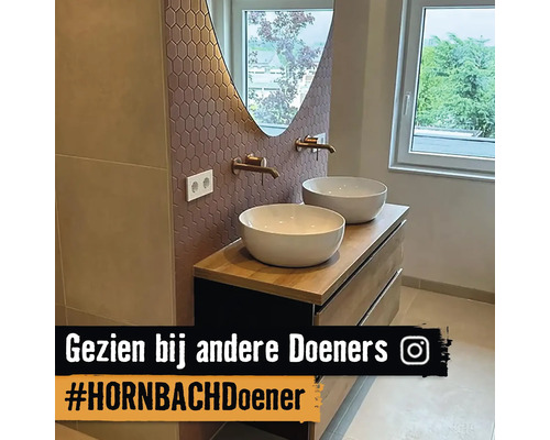 Badkamer met dubbele wastafel, spiegel en kranen