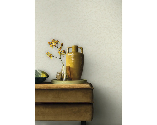 Scene met een beige wandachtergrond, een beige fluwelen bank, een dienblad, vazen en een bloem