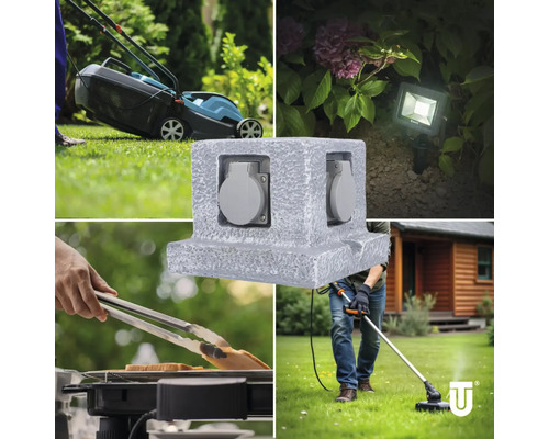 Meervoudig stopcontact voor buiten in gebruik met grasmaaier, tuinverlichting, barbecue en trimmer.