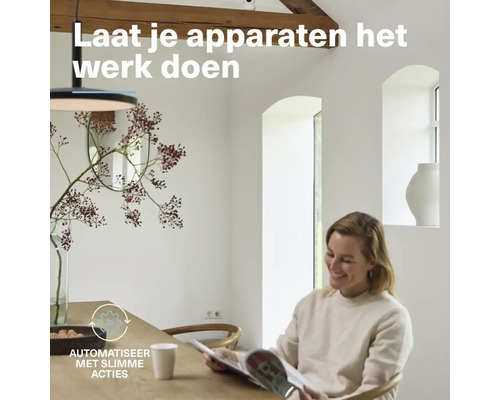 Lichte ruimte met eettafel, lamp en vrouw die een tijdschrift leest