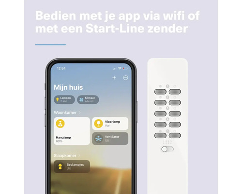 Smartphone met app en afstandsbediening voor het bedienen van smart home apparaten