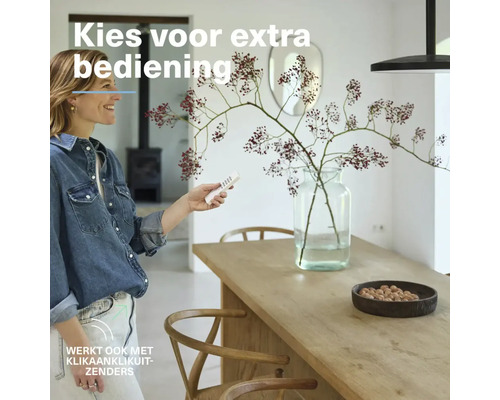 Vrouw bedient lamp met afstandsbediening in lichte eetkamer
