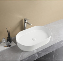 Ovale opzetwastafel met kraan op een aanrecht in de badkamer.