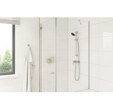Badkamer met glazen douchewand, douchegarnituur en handdoek