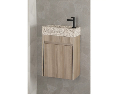 Wastafelmeubel met wastafelblad in terrazzo-stijl en zwarte kraan