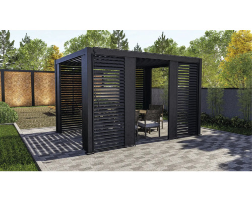 Zwarte lamellenpergola met tuintafel en stoelen op een terras.