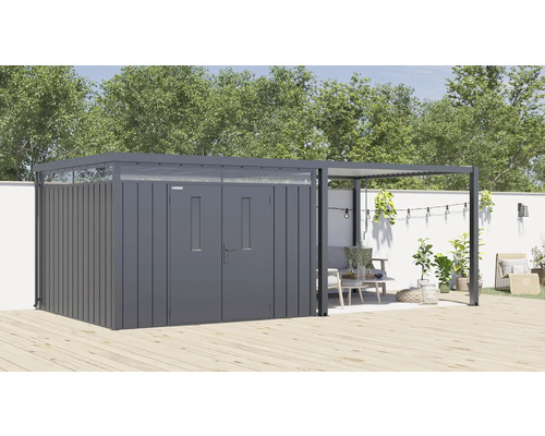 Metalen tuinkast met dubbele deur en zijpergola voor de tuin