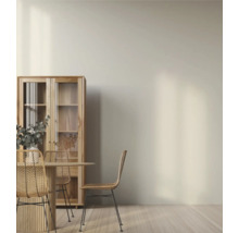 Eetkamer met eettafel, rotan stoelen en houten vitrinekast