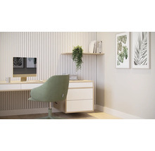 Kantoorscène met bureau, bureaustoel, computer, plant en wanddecoratie voor een werksfeer