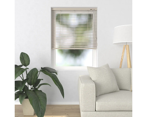 Woonkamer met raamblindering, plant en sofa