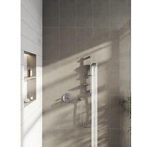 Moderne badkamer met grijze tegels, douche en ingebouwde plank