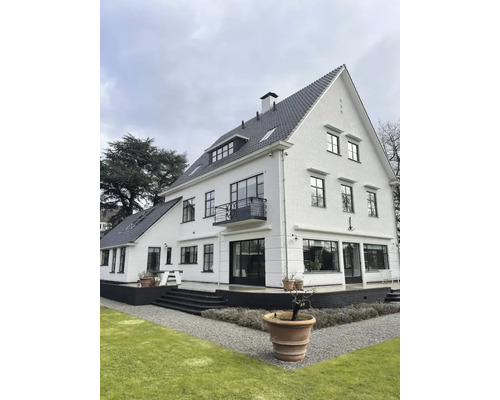 Buitenkant van een twee verdiepingen tellend woonhuis met tuin