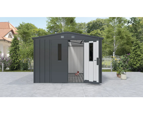 Tuinhuis met openstaande dubbele deur en ramen