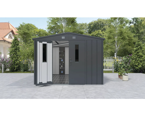 Metalen tuinhuis met dubbele deur in een tuin